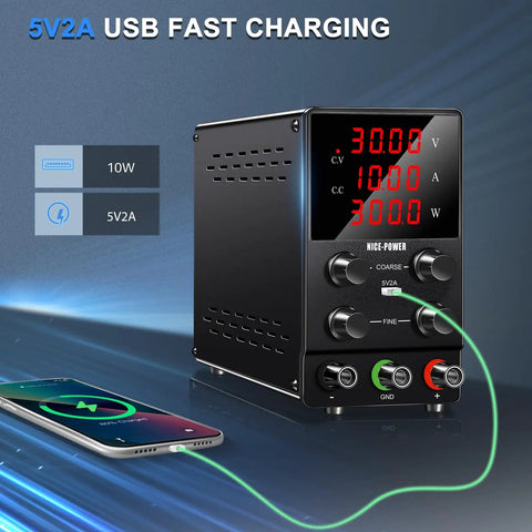 Pro Grade DC Power Supply 30V 10A Adjustable Switching Regulated Bench Lab Unit With 4-Digit LED Display, USB Port Charging