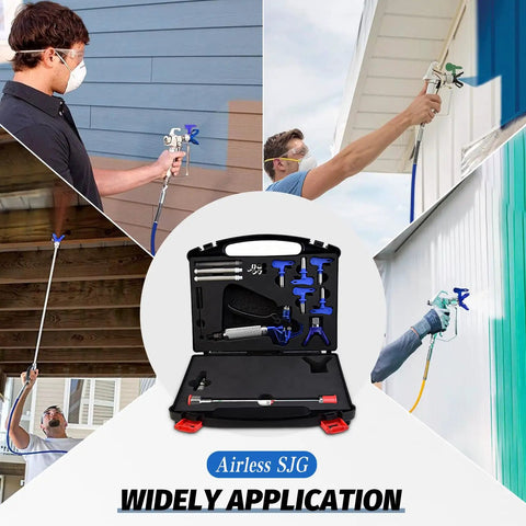 Pro Grade 3600 Psi Airless Paint Spray Gun Kit With 25 Foot High Pressure Hose Five Swappable Tips And Extension Rod in use by different users.