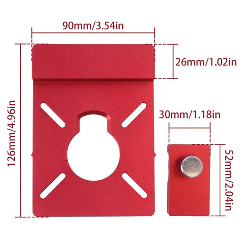 Solid Aluminum Router Guide Rail Adapter With Secure Rail Stop For Fixed Base Trim Routers dimensions 4.96in by 3.54in red metal design
