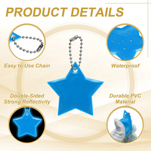 Image of Lake Blue Star Shaped Reflective Safety Pendant Keychain With Chain Pack Of 12 for visibility and durability features.