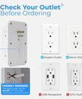 No Cap Wall Mount Power Strip With 6 Widely Spaced Outlets And 4 Rapid Charge USB Ports displayed with outlet compatibility illustration.
