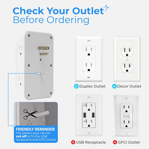 No Cap Wall Mount Power Strip With 6 Widely Spaced Outlets And 4 Rapid Charge USB Ports displayed with outlet compatibility illustration.