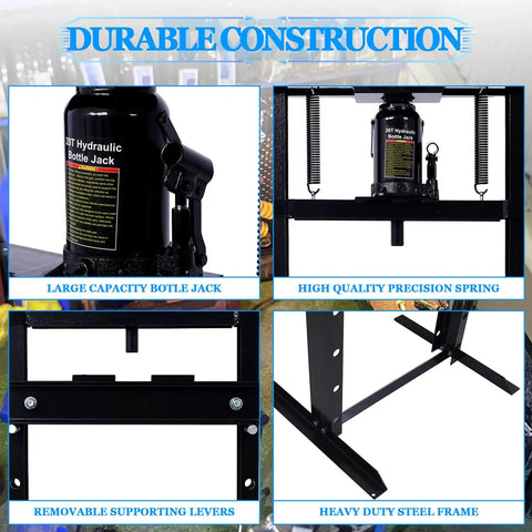Heavy Duty 20 Ton Hydraulic Shop Press With Adjustable H Frame And Steel Press Plates Floor Mounted Bearing Press detailed view of bottle jack, precision spring and steel frame.