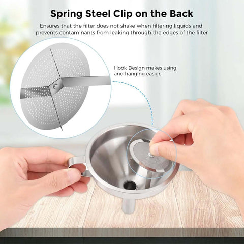 Person assembling a Stainless Steel Resin Funnel With Double Strainer For 3D Printing, highlighting hook design and filter details.