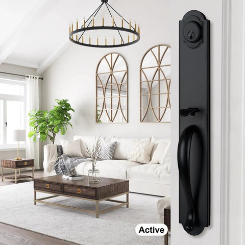 Keyed Entry Door Handleset In Matte Black With Full Plate Built To Fit US Doors Adjustable Backset 60mm Or 70mm Movable Hole Position
