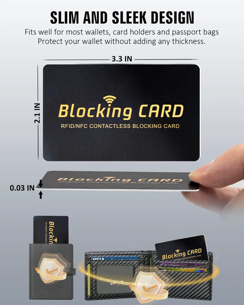 RFID Blocking Card Shield For Wallets And Travel Passports No Nonsense Protection For Debit And Credit Cards From Skimming Slim Ultra Compact Wallet Protector 4 Pack Black shown in hand and wallets