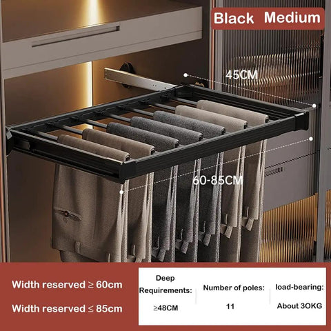 Expandable Closet Organizer With Pull Out Drawers For Pants And Jeans No Fuss Slide Wardrobe Storage, black medium rack holding pants.