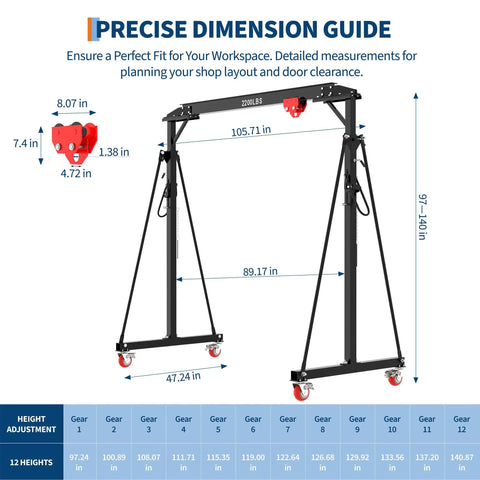 Built To Last Heavy Duty Adjustable Gantry Crane 1 Ton Lift Up To 2200 Lbs With Manual Trolley Hook 12 Locking Positions