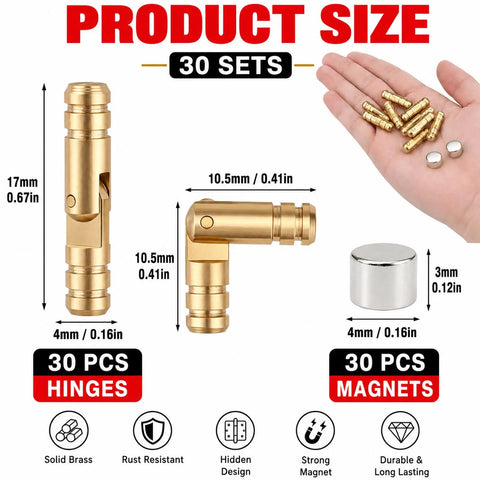 Hidden Brass Hinges Set For Wooden Boxes, Mini Barrel Hinges With 270 Degree Folding And Magnets, 4x17mm, Includes 30 Hinges And 30 Magnets