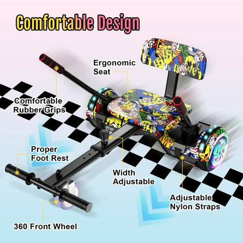 Self Balancing Scooter Seat Attachment With Go Kart For Kids Teens And Adults LED Lights Bluetooth Built In Adjustable Frame Fits 72 To 85 Cm For All Sizes Easy Mount Safe Fun Ride shown with ergonomic seat, rubber grips, and footrest.