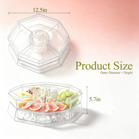 Five Compartment Chilled Serving Lazy Susan With Secure Hinged Lid, 12.5in diameter divided caddy with fruits on ice.