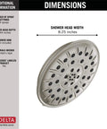 Image of Brushed Nickel Four Setting Shower Head With H2Okinetic Spray Four Inch Round Design installed dimensions shown as 8.25 inches wide.