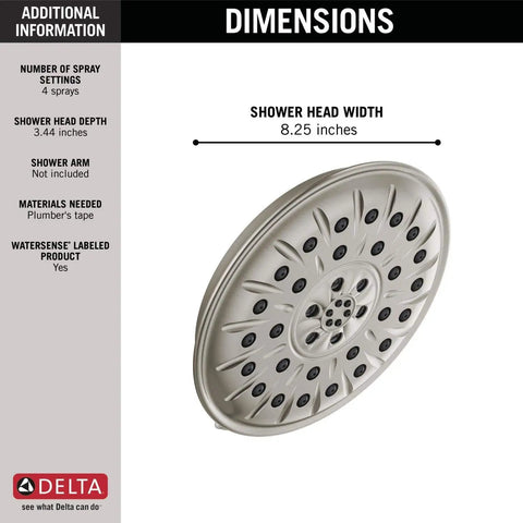 Image of Brushed Nickel Four Setting Shower Head With H2Okinetic Spray Four Inch Round Design installed dimensions shown as 8.25 inches wide.