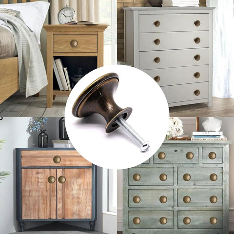 32 Piece Antique Brass Cabinet Knobs Set For Cabinets And Drawers, Round Single Hole, Easy Install With Screws displayed on dressers