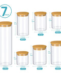 Airtight Glass Storage Jars Set Of 7 With Bamboo Lids For Pasta Cookies Nuts Coffee Beans Cereal Flour Pantry Organization BPA Free Clear Glass Canisters displayed with dimensions.