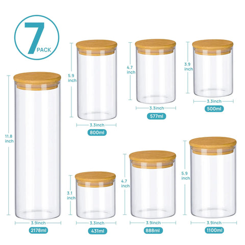 Airtight Glass Storage Jars Set Of 7 With Bamboo Lids For Pasta Cookies Nuts Coffee Beans Cereal Flour Pantry Organization BPA Free Clear Glass Canisters displayed with dimensions.