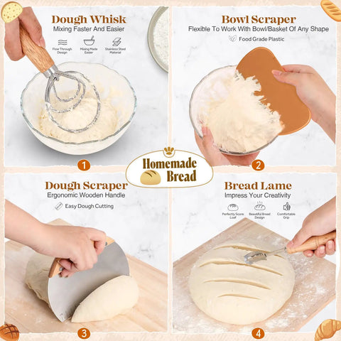 Ultimate Sourdough Starter Kit With Dutch Oven For Homemade Bread Baking Essentials Including Round And Oval Proofing Baskets, Linen Liners, Starter Jar, Silicone Spatula, Kitchen Scale, And Pro Grade Tools showcasing dough whisk, scraper, and bread lame.