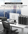 4 Port HDMI KVM Switch setup with PC, printer, monitor, keyboard, and mouse in modern office environment.