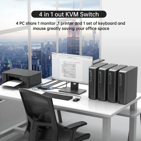 4 Port HDMI KVM Switch setup with PC, printer, monitor, keyboard, and mouse in modern office environment.