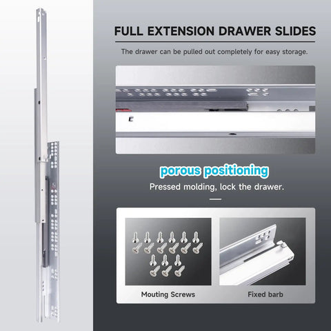 Six Pairs 21 Inch Undermount Soft Close Drawer Slides With Full Extension Ball Bearing Rails, 3D Locks, and Brackets Display