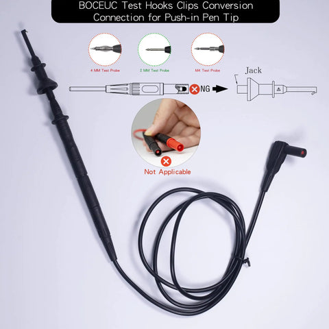 2mm Plug Test Hook Clips Set For Multimeter Probes showing connection and design with push-in pen tip, durable nickel plated.