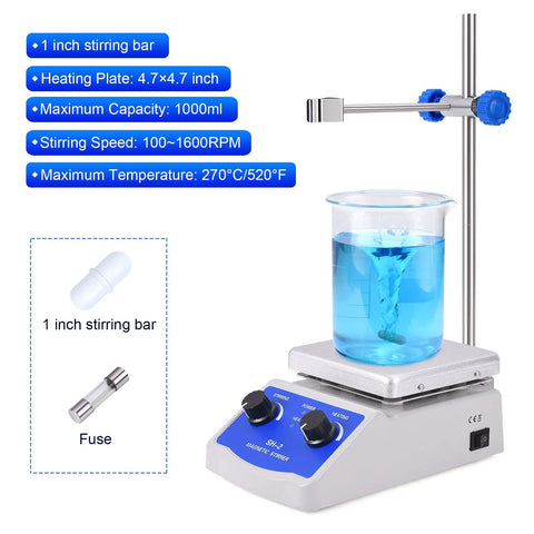 Magnetic Stirrer Hot Plate Mixer With Thermometer And 2000 RPM Stirring, Heats Up To 520 Fahrenheit Fast, Includes Stir Bar And Support Stand For Easy Lab Setups with 1-inch stir bar