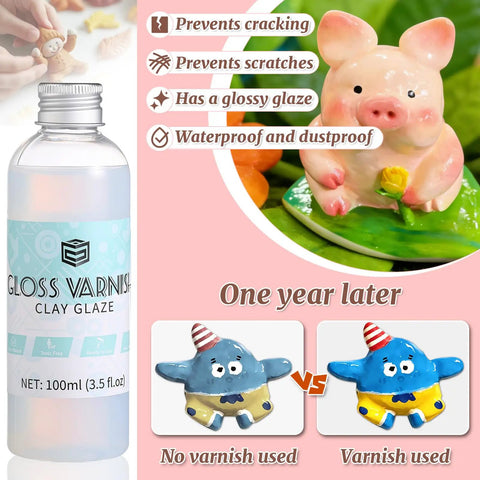 100ml gloss glaze varnish bottle showing pig sculpture and comparison of varnished and unvarnished clay figures.