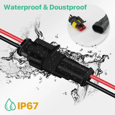 2 Pin Waterproof Electrical Connector Kit 12V Male And Female Wire Plugs For Cars, Bikes, Boats And Ships, Durable Nylon Housing with IP67 Sealed Connection