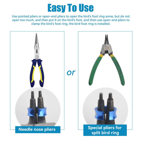 Needle nose and special pliers for Split Aluminum Bird Leg Rings For Pigeons Parrots Doves And More, Open 1mm Foot Rings usage