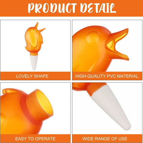 Eight Pack Self Watering Spikes For Plants With 60ml Bird Shape Automatic Watering Globes highlighting details of PVC material and design.