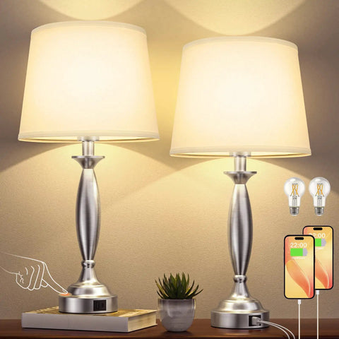 White Shade Bedside Lamps Set Of 2 With Touch Control 3 Way Dimmable Brightness USB C And USB A Ports Nickel Base Nightstand Table Lamps For Bedroom And Living Room