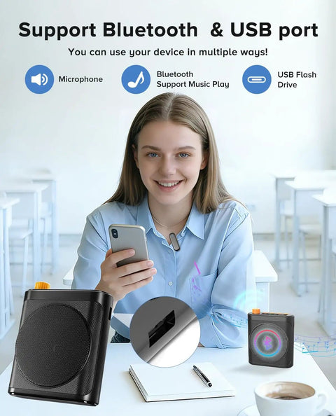 Dope Voice Amplifier For Teachers With Dual Magnetic Wireless Lavalier Microphones displayed with a person using the product in a classroom