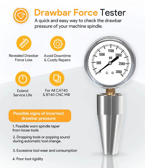 Spindle Drawbar Force Test Gauge Holder For BT40 CNC Mills, 0-3000 PSI/LBS Range, 5/8-11 Inch Retention Knob Thread, Quick Check Tool For Milling Machines, Works With DFG-1 Adapters, Built Tough For Daily Machining. Drawbar force tester gauge