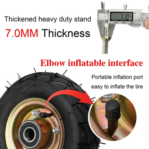 Built Like A Tank Heavy Duty 10 Inch Air Filled Rubber Swivel Caster Wheels 4 Pack showing 7.0mm thick tire with elbow inflation port.