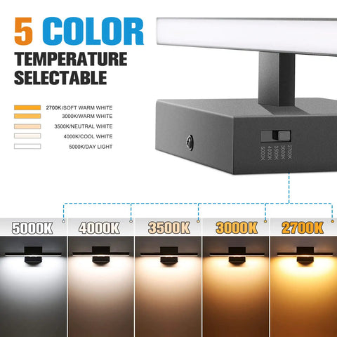 Sleek Black Vanity Light Over Mirror, 15.7 Inch, 12W Dimmable LED Fixture With 5 CCTs showing color temperature options.
