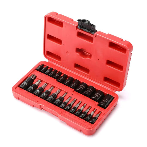 Torx Bit And Socket Set 25 Piece With 13 Star Bits T8 To T60 And 12 E Torx Sockets E4 To E22 Hardcore CRV Steel in red case.