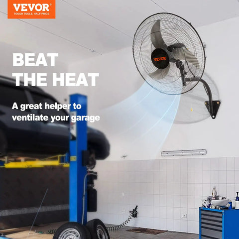 20 Inch Wall Mount Oscillating Fan With Three Speed Beefy Airflow Up To 4650 CFM in a garage setting, mounted on wall