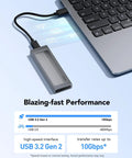 Snappy M.2 NVMe SSD Enclosure with USB 3.2 Gen 2 10Gbps tool-free portable external reader connected to a laptop