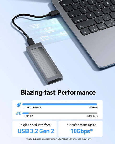 Snappy M.2 NVMe SSD Enclosure with USB 3.2 Gen 2 10Gbps tool-free portable external reader connected to a laptop