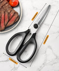 All Purpose Kitchen Scissors Workhorse Heavy Duty Stainless Steel Shears That Come Apart For Easy Cleaning With Soft Comfort Grip Handles 8.3 Inch Black Ultra Sharp Serrated Blades For Meat Fish Herbs And Food Prep. Black 8.3-inch scissors beside sliced steak