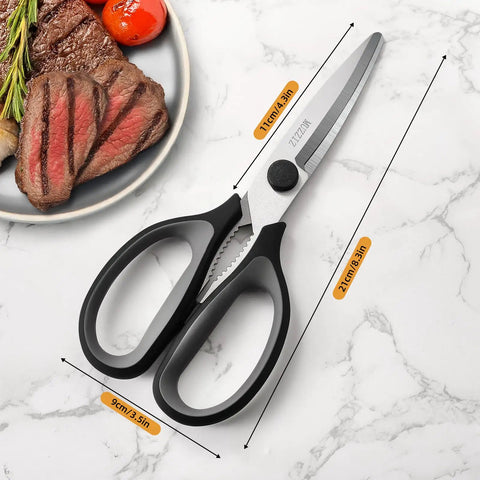 All Purpose Kitchen Scissors Workhorse Heavy Duty Stainless Steel Shears That Come Apart For Easy Cleaning With Soft Comfort Grip Handles 8.3 Inch Black Ultra Sharp Serrated Blades For Meat Fish Herbs And Food Prep. Black 8.3-inch scissors beside sliced steak