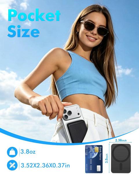 Ultra Slim Magnetic Portable Charger For Smartphones 5000mAh Power Bank Pocket Rocket attached to a phone in a pocket.