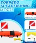 High Visibility Spearfishing Buoy Torpedo Float With Dive Safety Flag And 82 Foot Rope Inflatable Surface Signaling Float For Scuba Diving Freediving Snorkeling And Swimming, showing red torpedo buoy with flag and rope