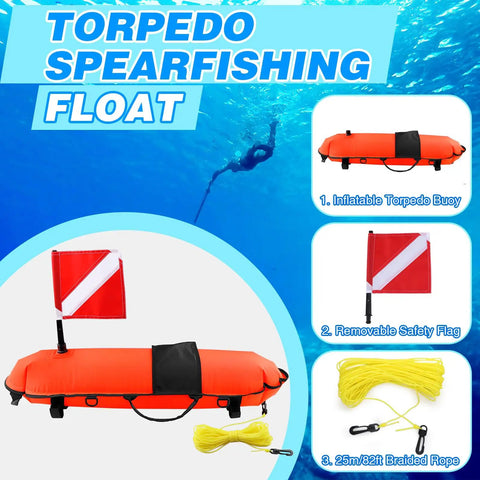 High Visibility Spearfishing Buoy Torpedo Float With Dive Safety Flag And 82 Foot Rope Inflatable Surface Signaling Float For Scuba Diving Freediving Snorkeling And Swimming, showing red torpedo buoy with flag and rope