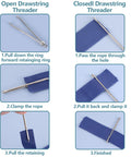 Instructions using All In One 8 Piece Drawstring Threader Tool Set For Sewing, metal threaders on blue fabric.