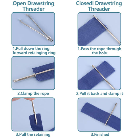 Instructions using All In One 8 Piece Drawstring Threader Tool Set For Sewing, metal threaders on blue fabric.