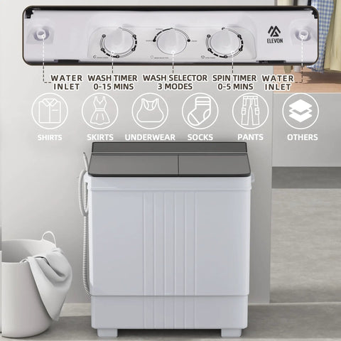 No Sweat Portable Twin Tub Washing Machine 20LB Mini Compact Laundry Set control panel with wash timer and selector.