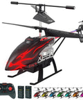 Kid Friendly RC Helicopter With 30 Minute Flight Time And LED Light Effects, shown with remote and battery packs, indoor drone