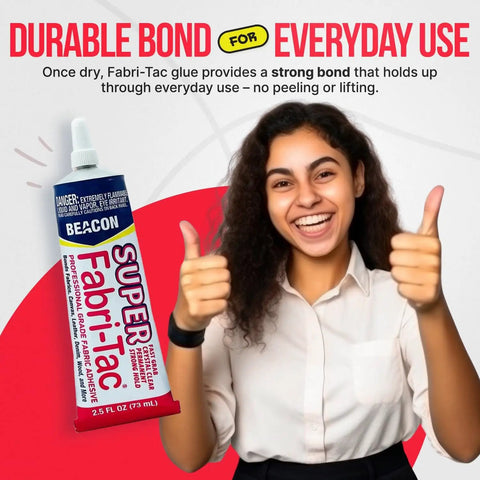 Beefed Up Heavy Duty Fabric Adhesive For Indoor And Outdoor Use With Fast Grab And Quick Drying Crystal Clear Bond For Fabrics Wood Glass And More 2.5 Ounce Industrial Grade tube displayed with smiling user