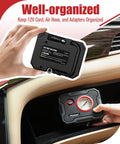 Ultra Portable 12V Tire Inflator Air Compressor With Digital Gauge and LED Light for Cars stored in glove box showing its compact design